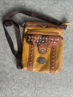 Tan and Brown Studded Canela Messenger Crossbody bag